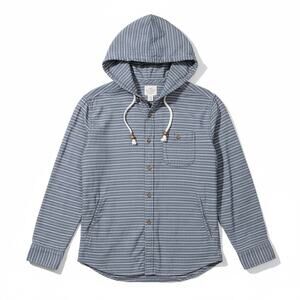 Lucky Brand Men's XL Striped Linen Blend Hooded Button-Up Shirt Blue White